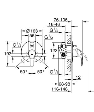 GROHE EUROSMART vaňová podomietková batéria, s prepínačom, s telesom, chróm 33305002 Technický nákres