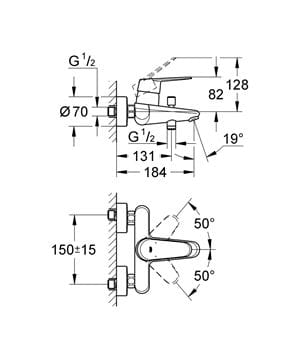 GROHE EURODISC COSMOPOLITAN vaňová nástenná batéria, s prepínačom, chróm 33390002 Technický nákres
