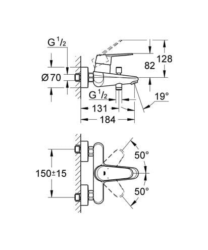 GROHE EURODISC COSMOPOLITAN vaňová nástenná batéria, s prepínačom, chróm 33390002 Technický nákres