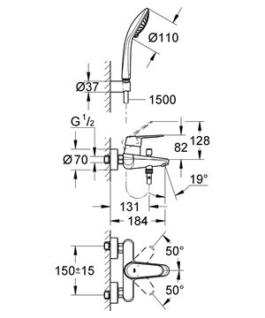GROHE EURODISC COSMOPOLITAN vaňová nástenná batéria, s prepínačom, so sprchovou súpravou, chróm 33395002 Technický nákres