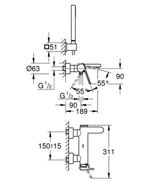 GROHE PLUS vaňová nástenná batéria, s prepínačom, so sprchovou súpravou, chróm 33547003 Technický nákres