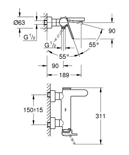 GROHE PLUS vaňová nástenná batéria, s prepínačom, chróm 33553003 Technický nákres