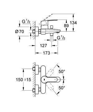 GROHE EUROSTYLE COSMOPOLITAN vaňová nástenná batéria, s prepínačom, chróm 33591002 Technický nákres