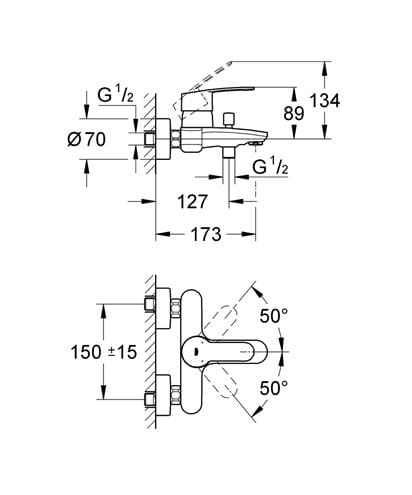 GROHE EUROSTYLE COSMOPOLITAN vaňová nástenná batéria, s prepínačom, chróm 33591002 Technický nákres