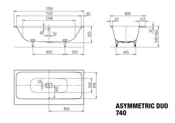 KALDEWEI ASYMMETRIC DUO 740 vaňa 170x80 cm, pre 2 osoby, bez nožičiek, smaltovaná oceľ 274000010001 Technický nákres