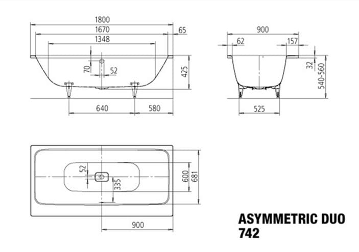 KALDEWEI ASYMMETRIC DUO 742 vaňa 180x90 cm, pre 2 osoby, bez nožičiek, smaltovaná oceľ 274200010001 Technický nákres
