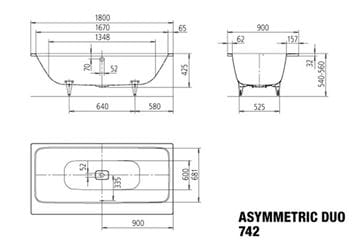 KALDEWEI ASYMMETRIC DUO 742 vaňa 180x90 cm, pre 2 osoby, bez nožičiek, smaltovaná oceľ, Perl-Effekt 274200013001 Technický nákres