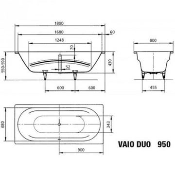 KALDEWEI VAIO DUO 950 vaňa 180x80 cm, bez nožičiek, smaltová oceľ 233000010001 Technický nákres