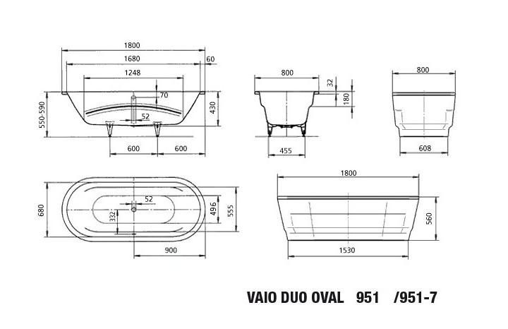 KALDEWEI VAIO DUO OVAL 951 vaňa 180x80 cm, bez nožičiek, smaltová oceľ 233100010001 Technický nákres