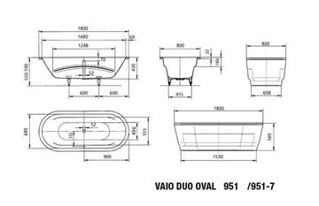KALDEWEI VAIO DUO OVAL 951 vaňa 180x80 cm, bez nožičiek, smaltová oceľ 233100010001 Technický nákres