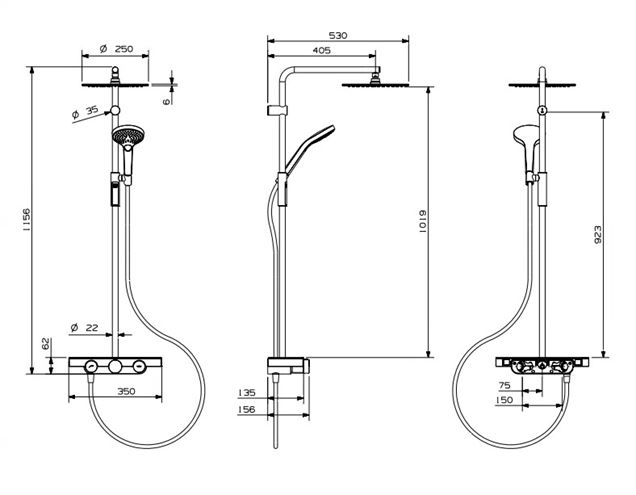 NDW COLONNA VETRO SIMETRY sprchový set s termostatickou batériou, horná sprcha, ručná sprcha s 3 prúdmi, tyč, hadica, chróm / čierne sklo PM10154/B Technický nákres