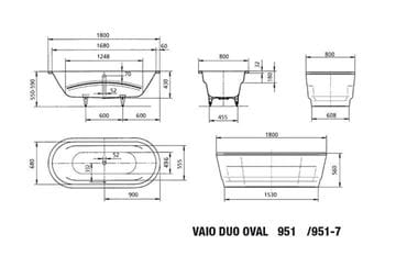 KALDEWEI VAIO DUO OVAL 951 vaňa 180x80 cm, bez nožičiek, smaltová oceľ, Perl-Effekt 233100013001 Technický nákres