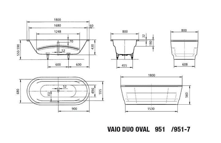 KALDEWEI VAIO DUO OVAL 951 vaňa 180x80 cm, bez nožičiek, smaltová oceľ, Perl-Effekt 233100013001 Technický nákres