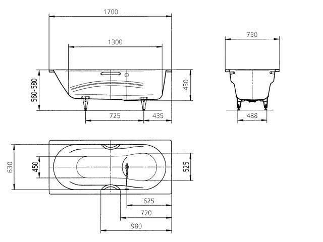 KALDEWEI VAIO SET 954 vaňa 170x75 cm, bez nožičiek, smaltová oceľ, Perl-Effekt 233400013001 Technický nákres