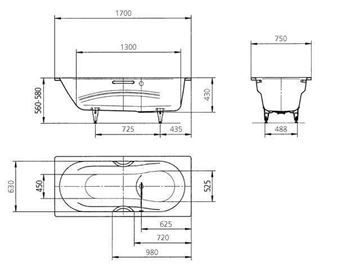 KALDEWEI VAIO SET 954 vaňa 170x75 cm, bez nožičiek, smaltová oceľ, Perl-Effekt 233400013001 Technický nákres