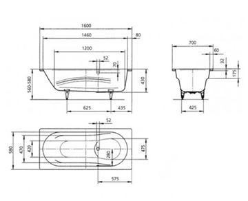 KALDEWEI VAIO SET 956 vaňa 160x70 cm, bez nožičiek, smaltová oceľ, Perl-Effekt 233600013001 Technický nákres