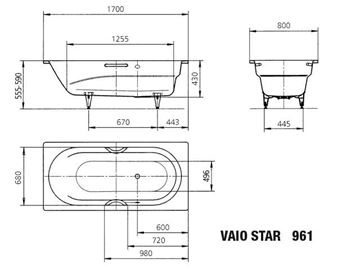 KALDEWEI VAIO STAR 961 vaňa 170x80 cm, bez nožičiek, s otvormi pre madlá, smaltovaná oceľ, Perl-Effekt 234100013001 Technický nákres