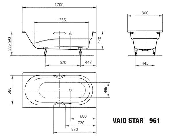 KALDEWEI VAIO STAR 961 vaňa 170x80 cm, bez nožičiek, s otvormi pre madlá, smaltovaná oceľ, Perl-Effekt 234100013001 Technický nákres