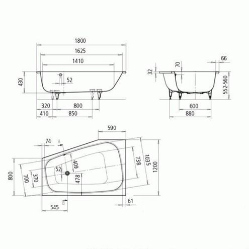 KALDEWEI PLAZA DUO 190 rohová vaňa 180x120 cm, pre 2 osoby, bez nožičiek, smaltovaná oceľ, Perl-Effekt 237000013001 Technický nákres