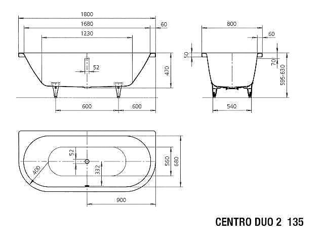 KALDEWEI CENTRO DUO 2 135 vaňa 180x80 cm, pre 2 osoby, bez nožičiek, smaltovaná oceľ 283500010001 Technický nákres