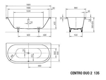 KALDEWEI CENTRO DUO 2 135 vaňa 180x80 cm, pre 2 osoby, bez nožičiek, smaltovaná oceľ 283500010001 Technický nákres