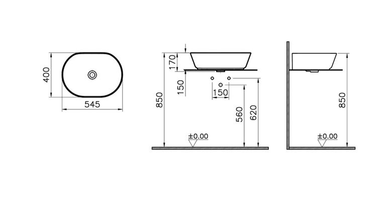 VITRA GEO umývadlová misa 55 cm, bez prepadu, VitrAhygiene, matná čierna 7427B083-0016 Technický nákres