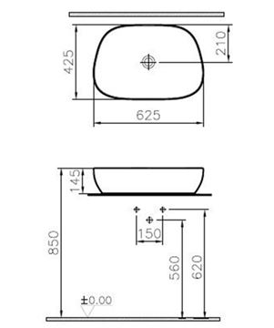 VITRA OUTLINE umývadlová misa 62,5 cm, bez prepadu, brúsené, VitrAhygiene 5993B403-0016 Technický nákres