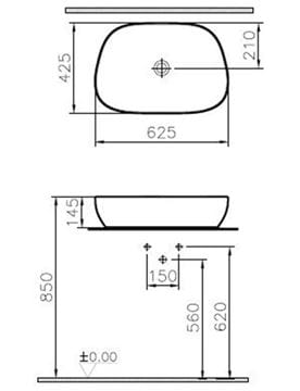 VITRA OUTLINE umývadlová misa 62,5 cm, bez prepadu, brúsená, VitrAhygiene, matná biela 5993B401-0016 Technický nákres