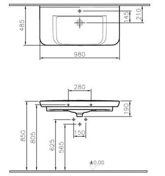 VITRA SENTO umývadlo 98 cm, s otvorom pre batériu a prepadom, VitrAhygiene 5948B003-0001 Technický nákres