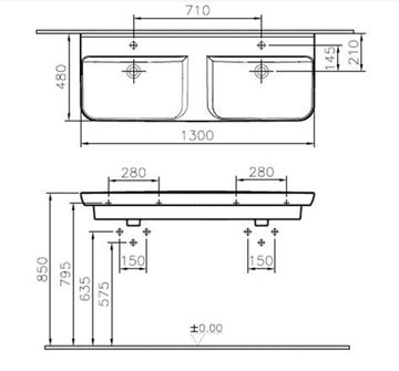 VITRA SENTO dvojumývadlo 130 cm, s 2 otvormi pre batérie a prepadom, VitrAhygiene 5949B003-0001 Technický nákres