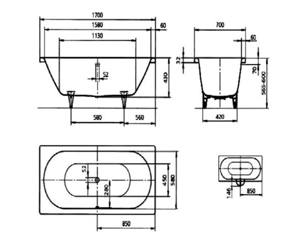 KALDEWEI CLASSIC DUO 105 vaňa 170x70 cm, pre 2 osoby, bez nožičiek, smaltovaná oceľ, Perl-Effekt 290500013001 Technický nákres