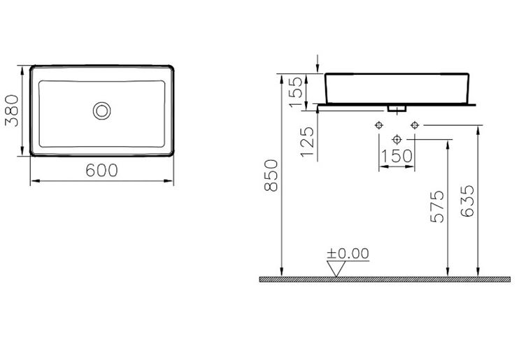 VITRA NUO umývadlo na dosku 60 cm, s prepadom, brúsené 7434B003-0012 Technický nákres