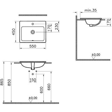 VITRA S20 umývadlo 55 cm, s otvorom pre batériu a prepadom, VitrAhygiene 5465B003-0001 Technický nákres