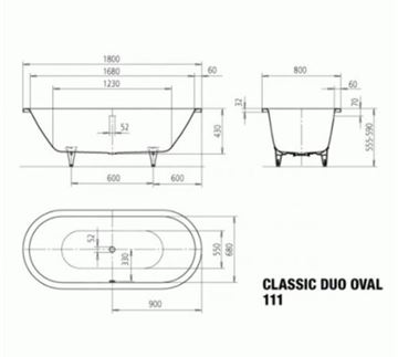 KALDEWEI CLASSIC DUO OVAL 111 vaňa 180x80 cm, pre 2 osoby, bez nožičiek, smaltovaná oceľ, Perl-Effekt 291200013001 Technický nákres