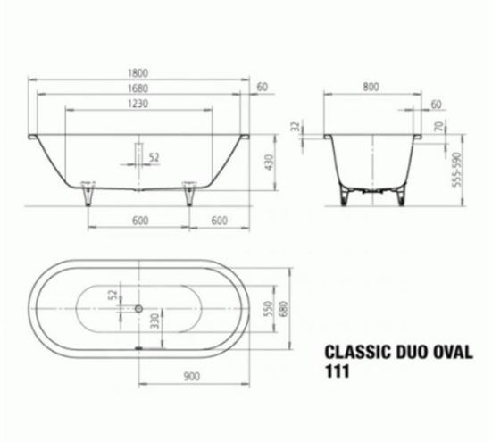 KALDEWEI CLASSIC DUO OVAL 111 vaňa 180x80 cm, pre 2 osoby, bez nožičiek, smaltovaná oceľ, Perl-Effekt 291200013001 Technický nákres