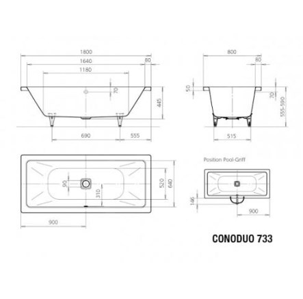 KALDEWEI CONODUO 733 vaňa 180x80 cm, pre 2 osoby, bez nožičiek, smaltovaná oceľ, Perl-Effekt 235100013001 Technický nákres