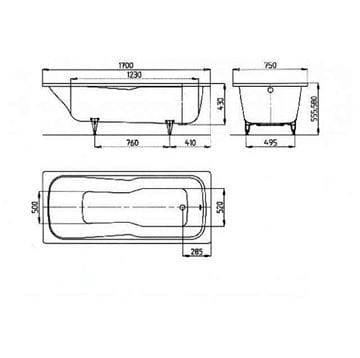 KALDEWEI DYNA SET 620 vaňa 170x75 cm, bez nožičiek, smaltovaná oceľ, Perl-Effekt 226100013001 Technický nákres