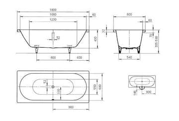 KALDEWEI CLASSIC DUO 110 vaňa 180x80 cm, pre 2 osoby, bez nožičiek, smaltovaná oceľ, antislip, Perl-Effekt 291030003001 Technický nákres