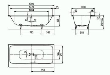 KALDEWEI ASYMMETRIC DUO 744 vaňa 180x90 cm, pre 2 osoby, bez nožičiek, smaltovaná oceľ, Perl-Effekt 274400013001 Technický nákres