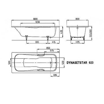 KALDEWEI DYNA SET STAR 623 vaňa 180x80 cm, bez nožičiek, s otvormi pre madlá, smaltovaná oceľ, Perl Effekt 226500013001 Technický nákres
