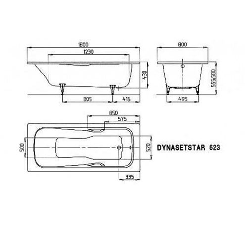 KALDEWEI DYNA SET STAR 623 vaňa 180x80 cm, bez nožičiek, s otvormi pre madlá, smaltovaná oceľ, Perl Effekt 226500013001 Technický nákres