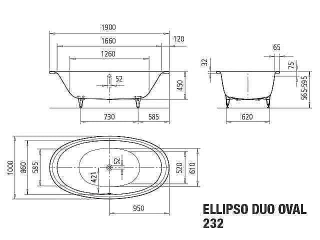 KALDEWEI ELLIPSO DUO OVAL 232 vaňa 190x100 cm, pre 2 osoby, bez nožičiek, smaltovaná oceľ 286200010001 Technický nákres