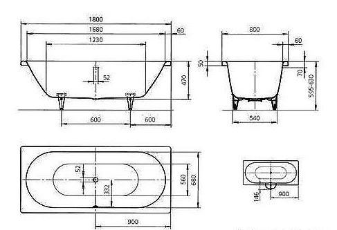 KALDEWEI CENTRO DUO 133 vaňa 180x80 cm, pre 2 osoby, bez nožičiek, smaltovaná oceľ 283300010001 Technický nákres
