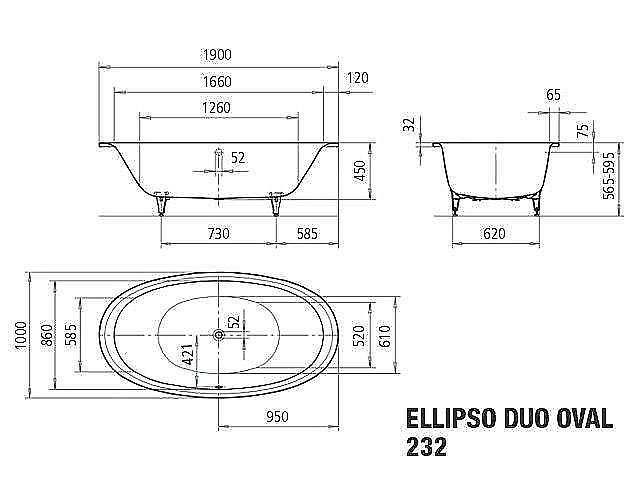KALDEWEI ELLIPSO DUO OVAL 232 vaňa 190x100 cm, pre 2 osoby, bez nožičiek, smaltovaná oceľ, Perl-Effekt 286200013001 Technický nákres