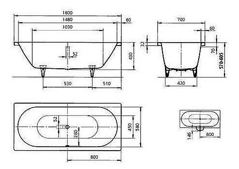 KALDEWEI CLASSIC DUO 103 vaňa 160x70 cm, pre 2 osoby, bez nožičiek, smaltovaná oceľ, Perl-Effekt 290300013001 Technický nákres