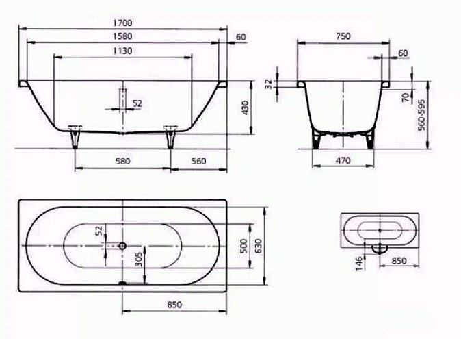 KALDEWEI CLASSIC DUO 107 vaňa 170x75 cm, pre 2 osoby, bez nožičiek, smaltovaná oceľ, Perl-Effekt 290700013001 Technický nákres
