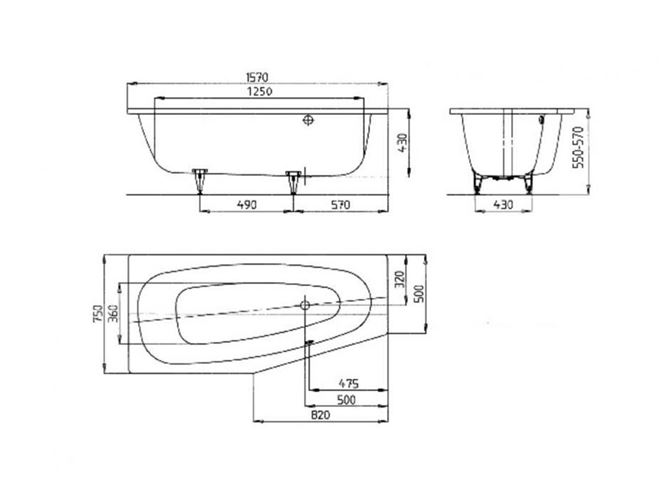 KALDEWEI MINI 830 rohová vaňa 157x75 cm, bez nožičiek, smaltovaná oceľ 224600010001 Technický nákres