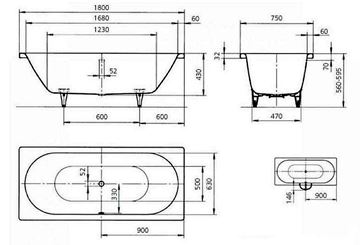 KALDEWEI CLASSIC DUO 109 vaňa 180x75 cm, pre 2 osoby, bez nožičiek, smaltovaná oceľ, Perl-Effekt 290900013001 Technický nákres