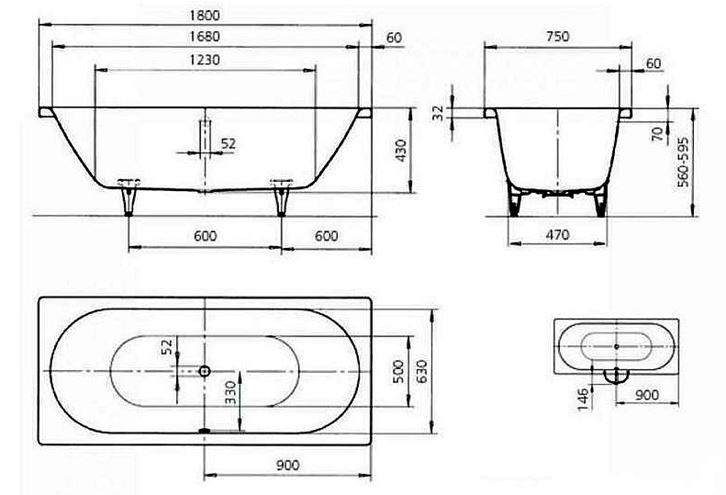 KALDEWEI CLASSIC DUO 109 vaňa 180x75 cm, pre 2 osoby, bez nožičiek, smaltovaná oceľ, Perl-Effekt 290900013001 Technický nákres
