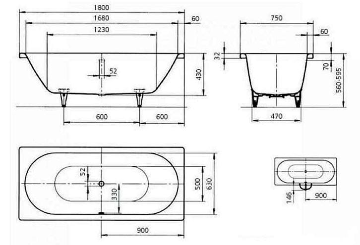 KALDEWEI CLASSIC DUO 109 vaňa 180x75 cm, pre 2 osoby, bez nožičiek, smaltovaná oceľ, antislip, Perl-Effekt 290934013001 Technický nákres